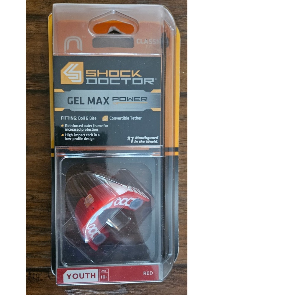 Shock Doctor Gel Max Power Youth Mouthguard Red Convertible Tether‎ Ages 10+
